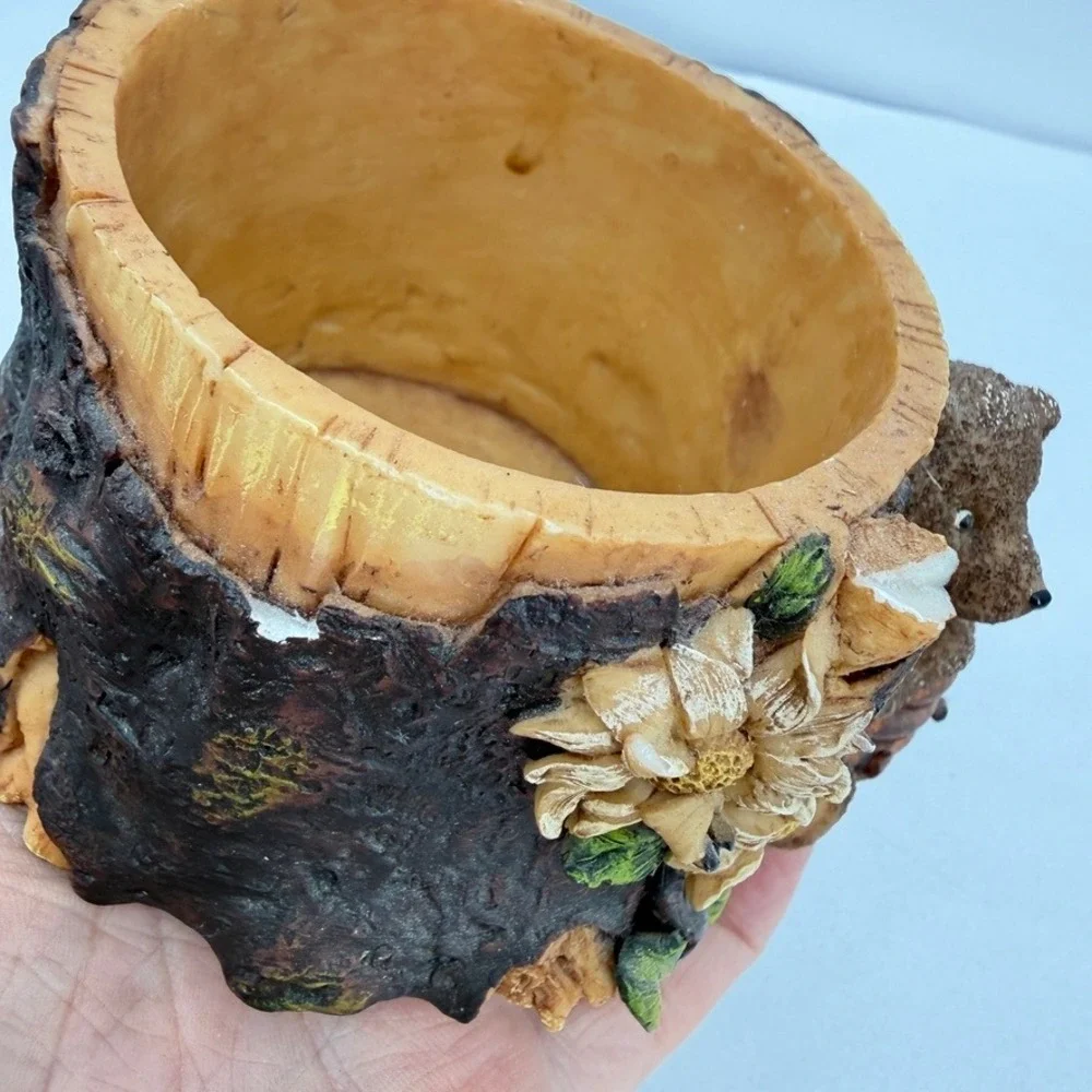 Bear Figurine Tree Stump Planter Pot Candle Holder Beehive Rustic Decor Cutecore